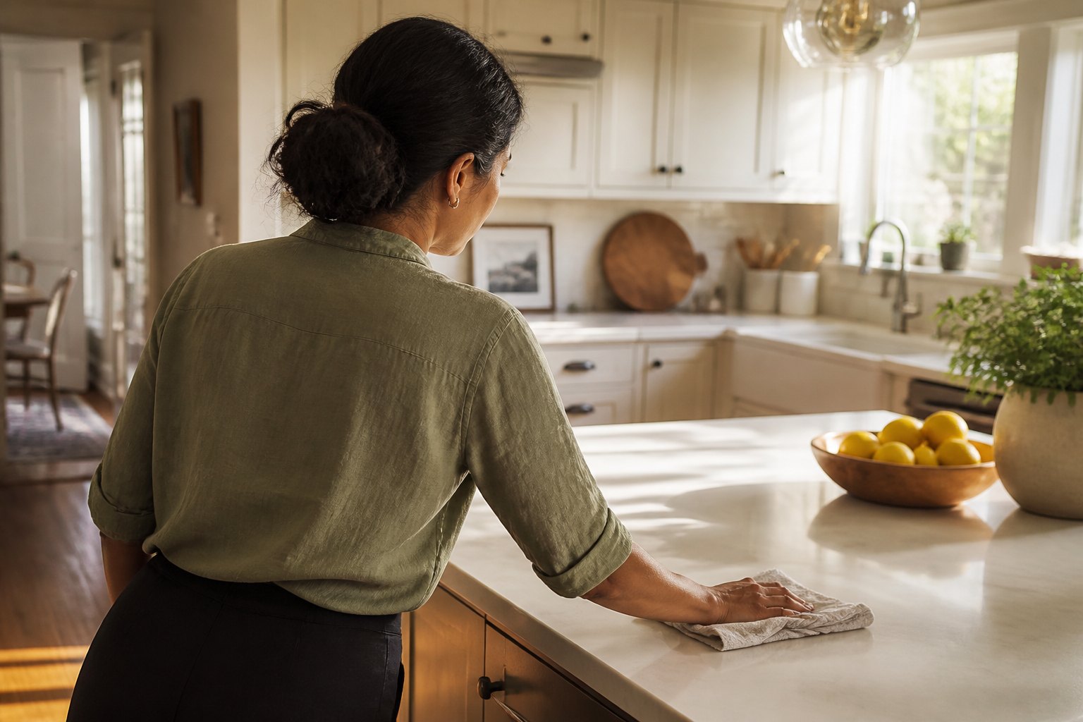 A woman wiping a sunlit kitchen island. Face turned away.