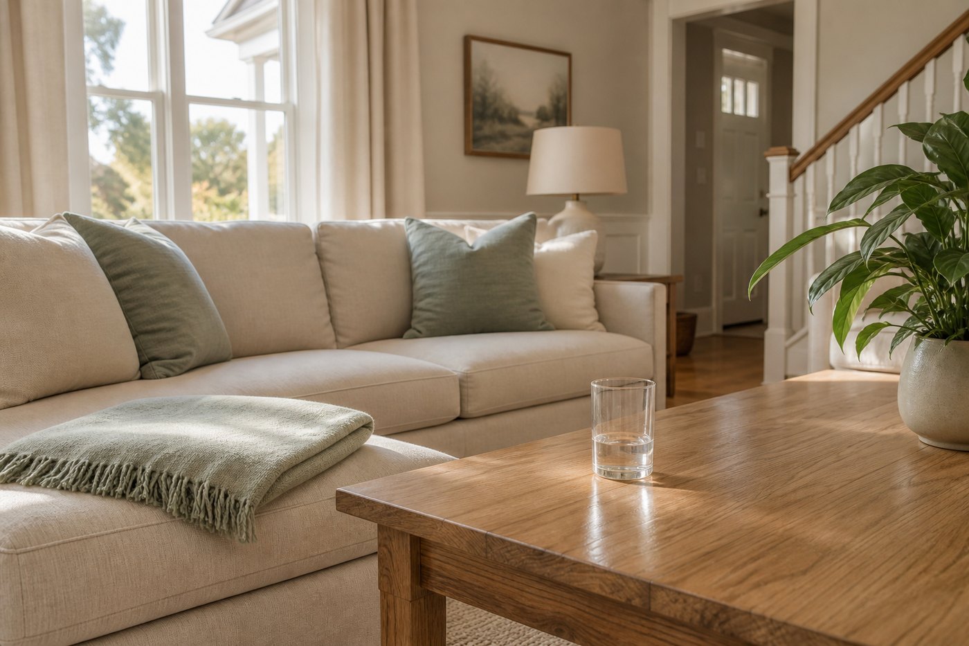 A living room after a clean — folded throw, wiped table, quiet light